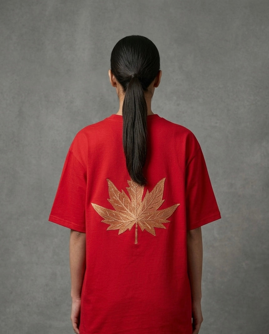 Kashmir Map Chinar Leaf Embroidered Motif Red T-shirt
