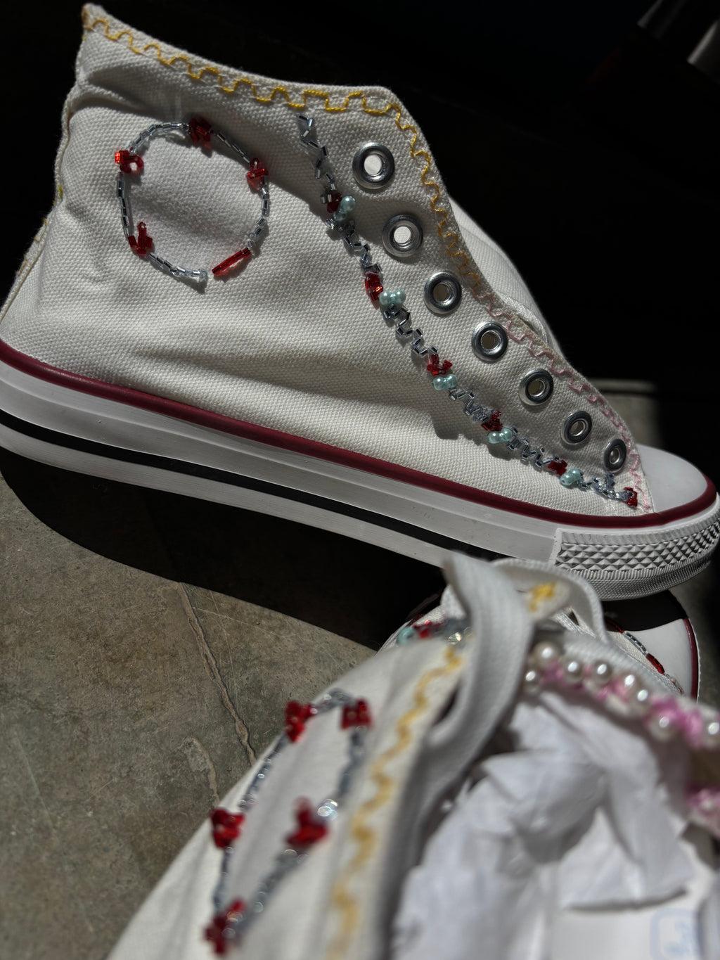 Hand Embroidered Multi Colour Silk and Bead work White Canvas Shoes