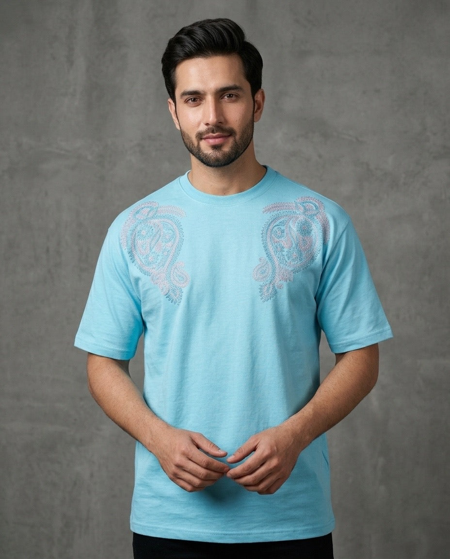 Paisley Pattern Chinar Leaf Shadow Embroidery Blue T-shirt