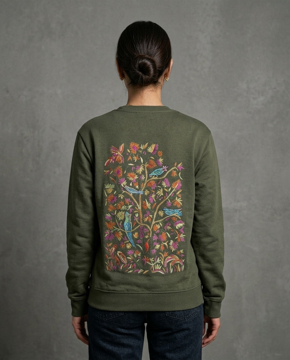 HAND EXCLUSIVE PREMIUM HAND SOZNI EMBROIDERED TREE OF LIFE OLIVE GREEN SWEATSHIRT
