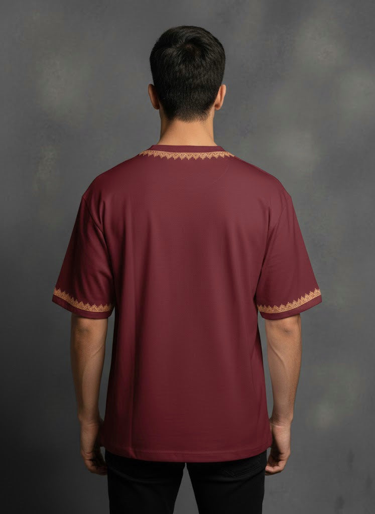 Hand Tilla Exclusive Kashmiri Neck and Sleeve work Maroon T-shirt