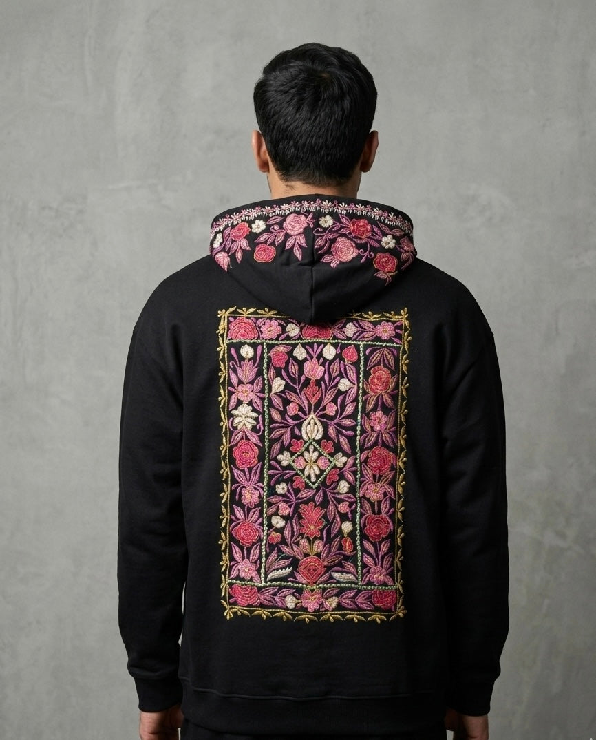 Floral Pattern Hood and Back Silk Thread Embroidered Hoodie
