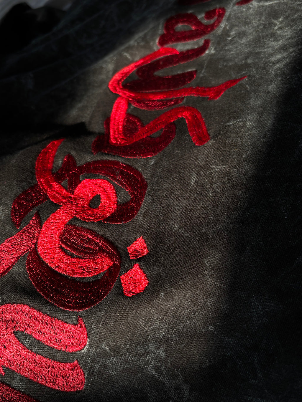 Tawaqqul Red Silk Thread Embroidered Acid Wash Black T-shirt