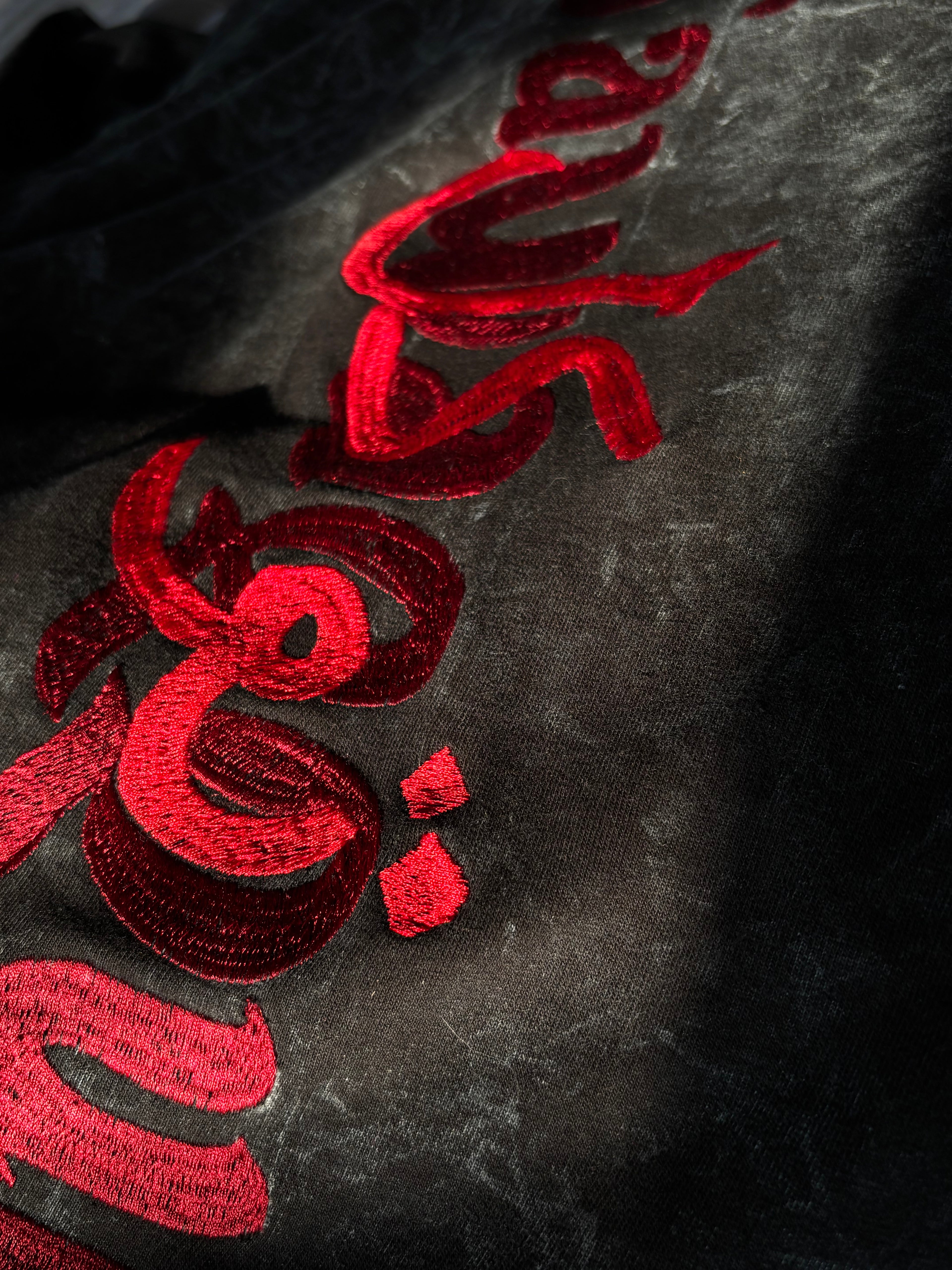 Tawaqqul Red Silk Thread Embroidered Acid Wash Black T-shirt