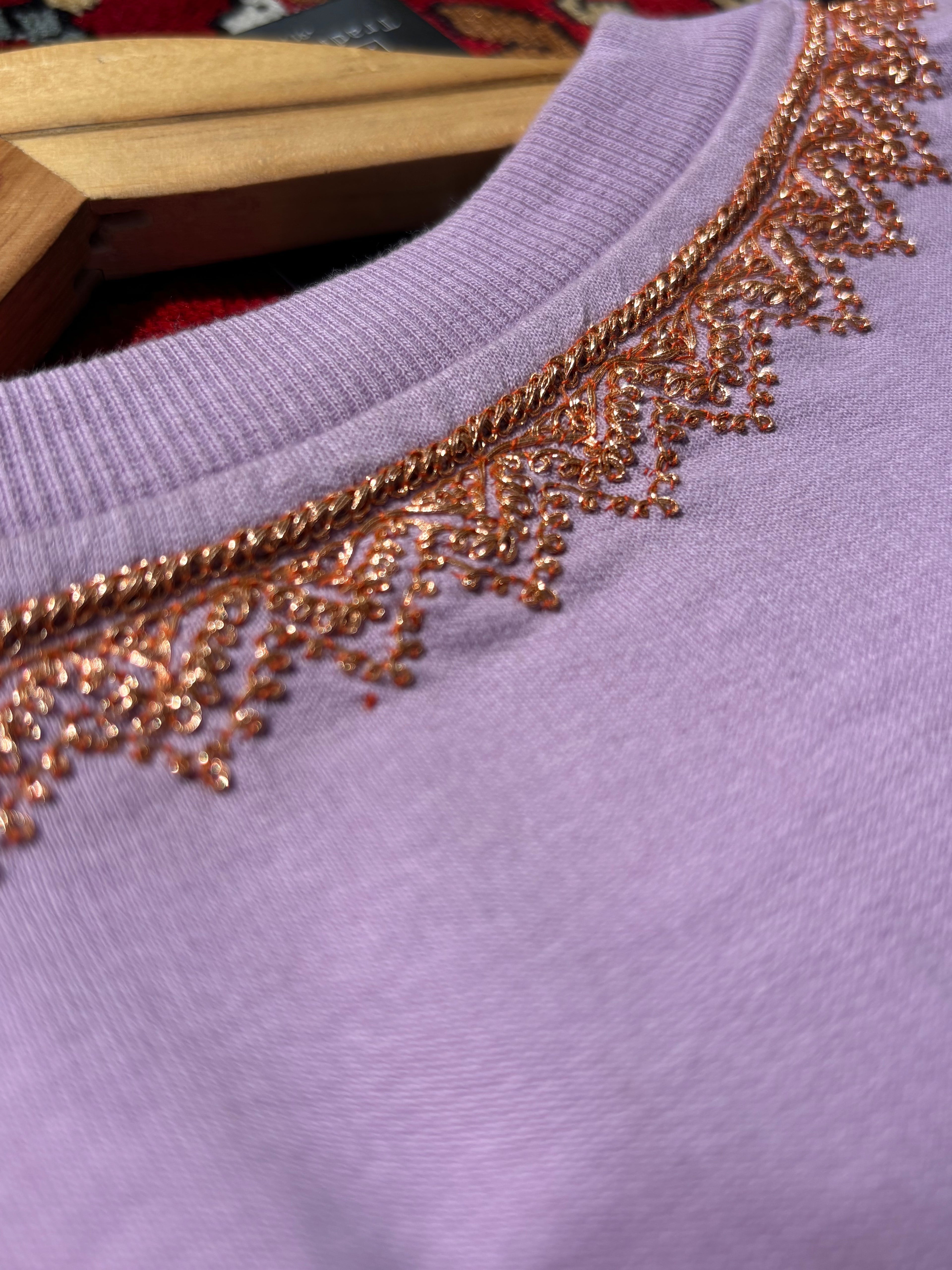 HAND TILLA EXCLUSIVE KASHMIRI NECK AND SLEEVE WORK Lavender T-SHIRT