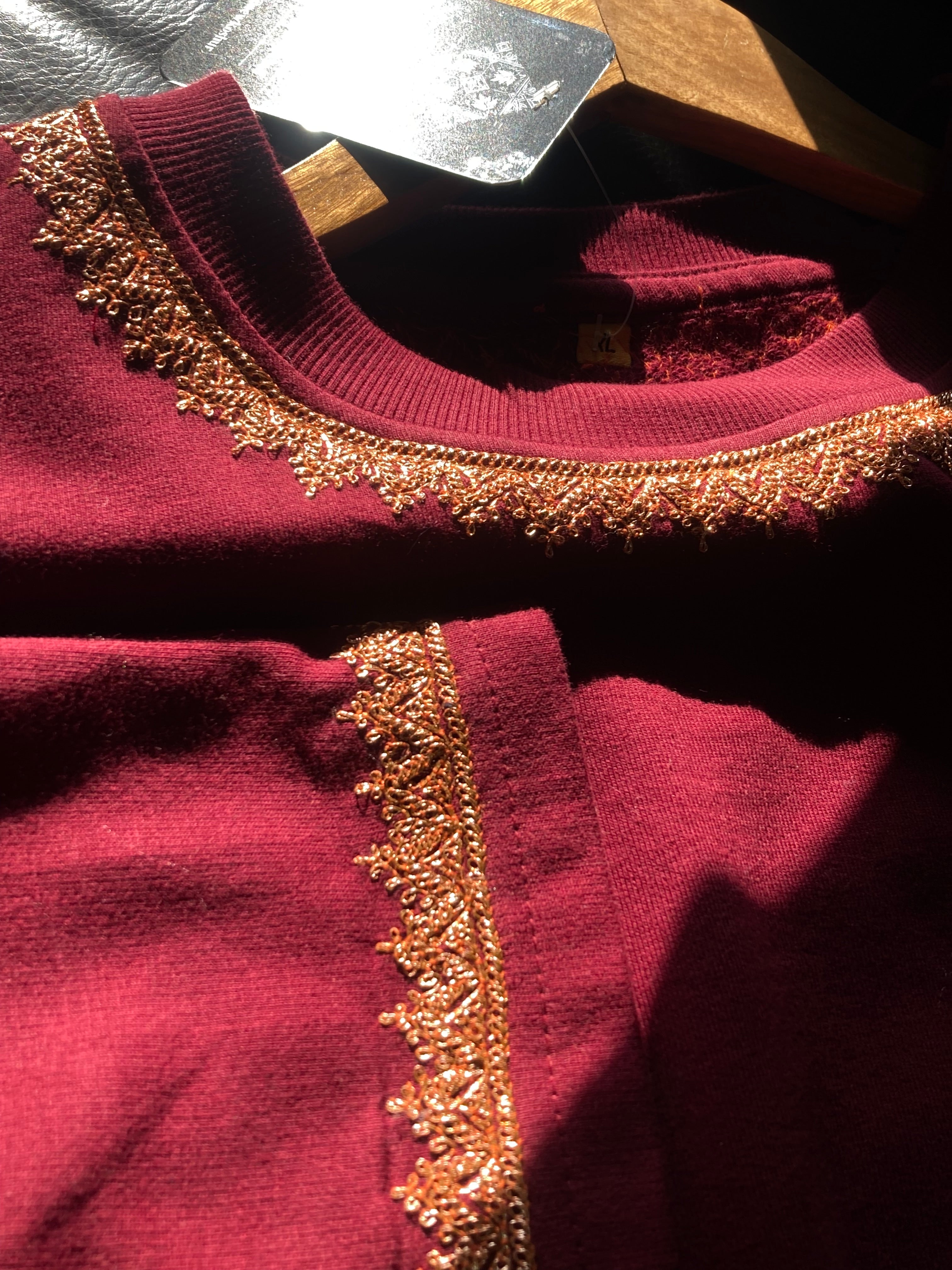 Hand Tilla Exclusive Kashmiri Neck and Sleeve work Maroon T-shirt