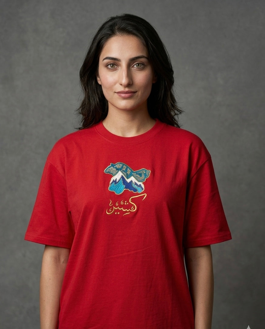 Kashmir Map Chinar Leaf Embroidered Motif Red T-shirt