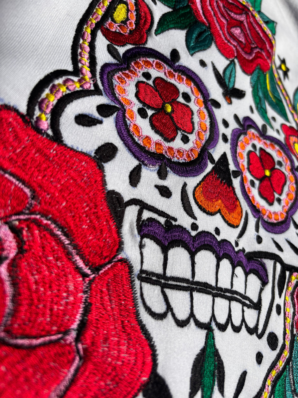 Mexican Day of The Dead Inspired Silk Thread Embroidered White Sweatshirt