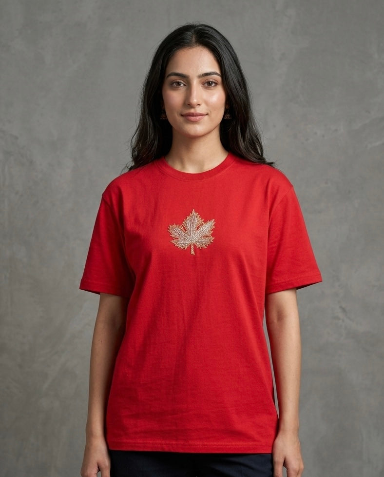 HAND TILLA EXCLUSIVE RED T-SHIRT WITH CHINAR EMBROIDERY