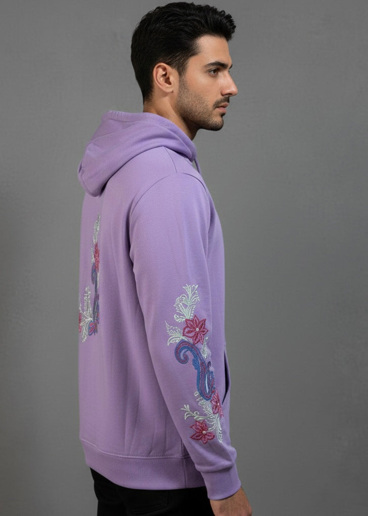 Floral Pattern Silk Thread Embroidery Lavender Hooddie