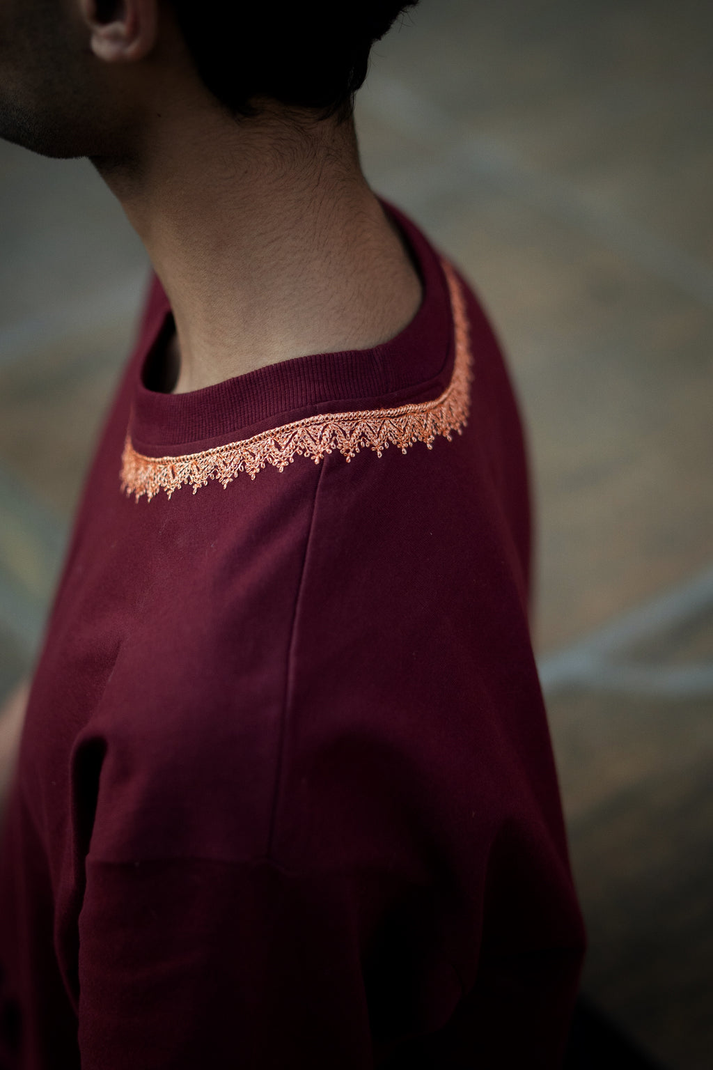 Hand Tilla Exclusive Kashmiri Neck and Sleeve work Maroon T-shirt