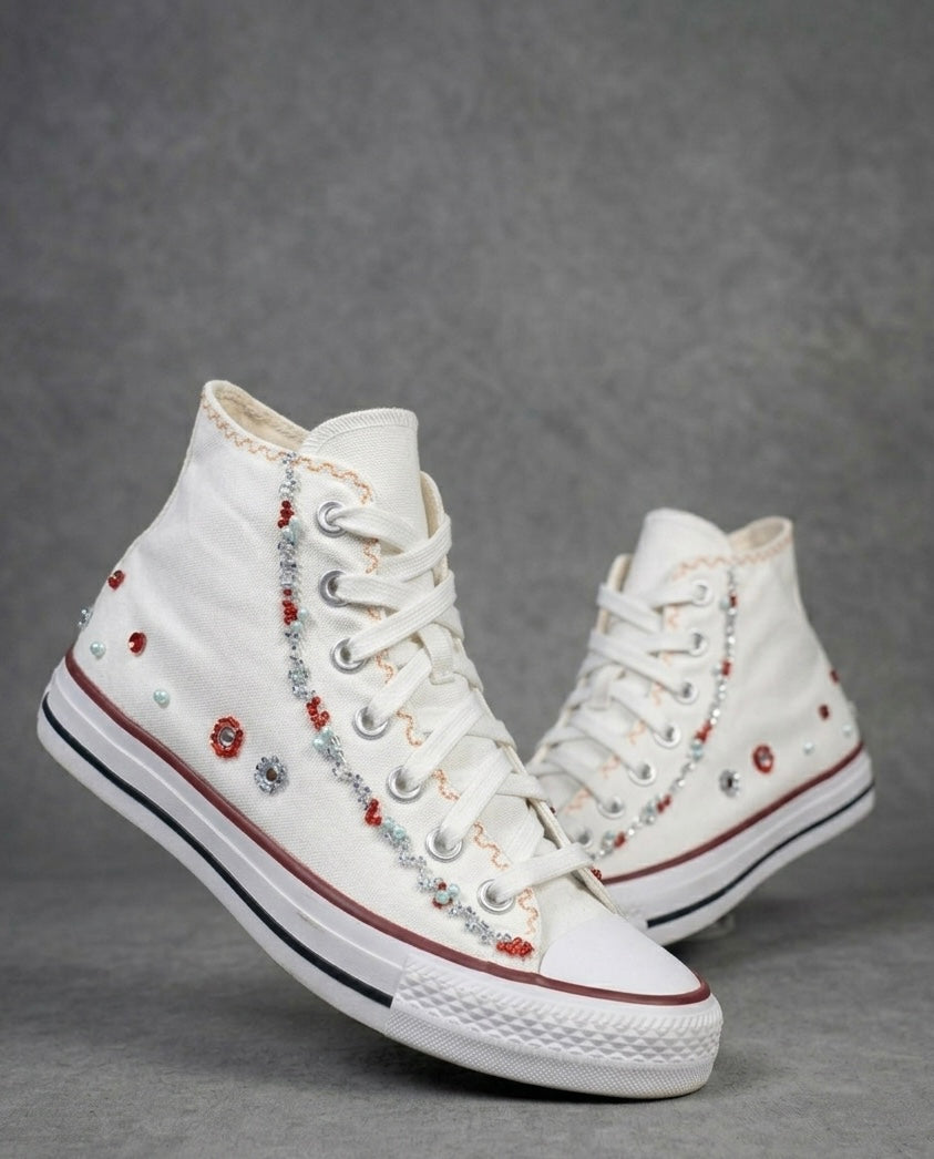 Hand Embroidered Multi Colour Silk and Bead work White Canvas Shoes