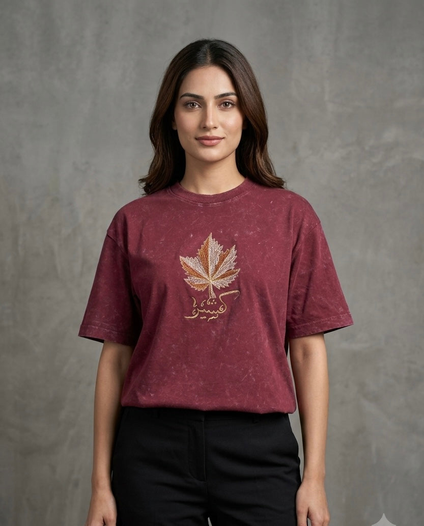 Tree of Life Shadow Embroidery Acid Wash Maroon T-shirt