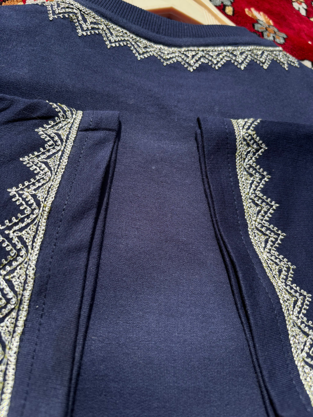 HAND TILLA EXCLUSIVE KASHMIRI NECK AND SLEEVE WORK NAVY BLUR T-SHIRT