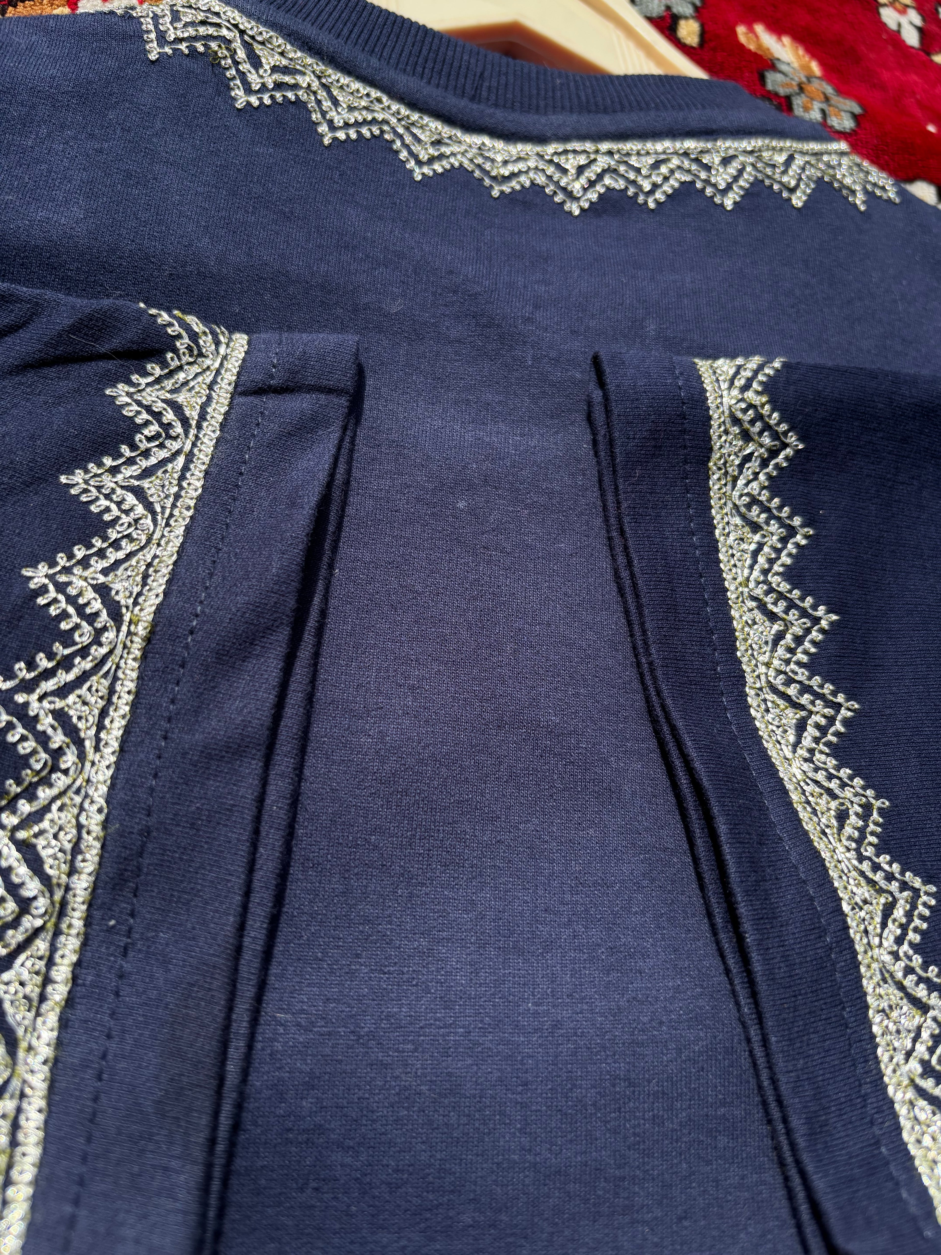 HAND TILLA EXCLUSIVE KASHMIRI NECK AND SLEEVE WORK NAVY BLUR T-SHIRT
