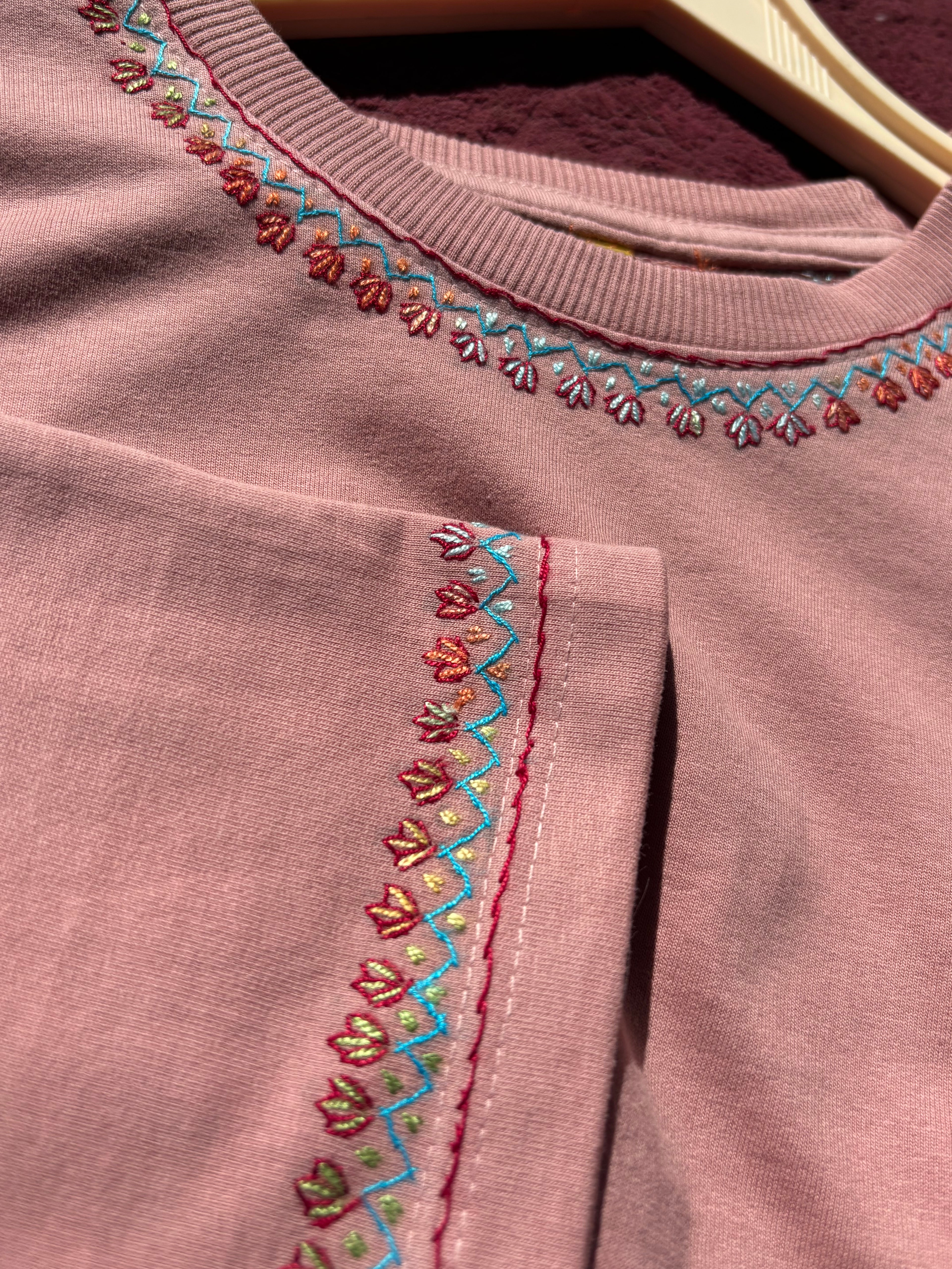 Hand Sonzi Exclusive Traditional Pattern Embroidered Noon Chai Pink T-shirt