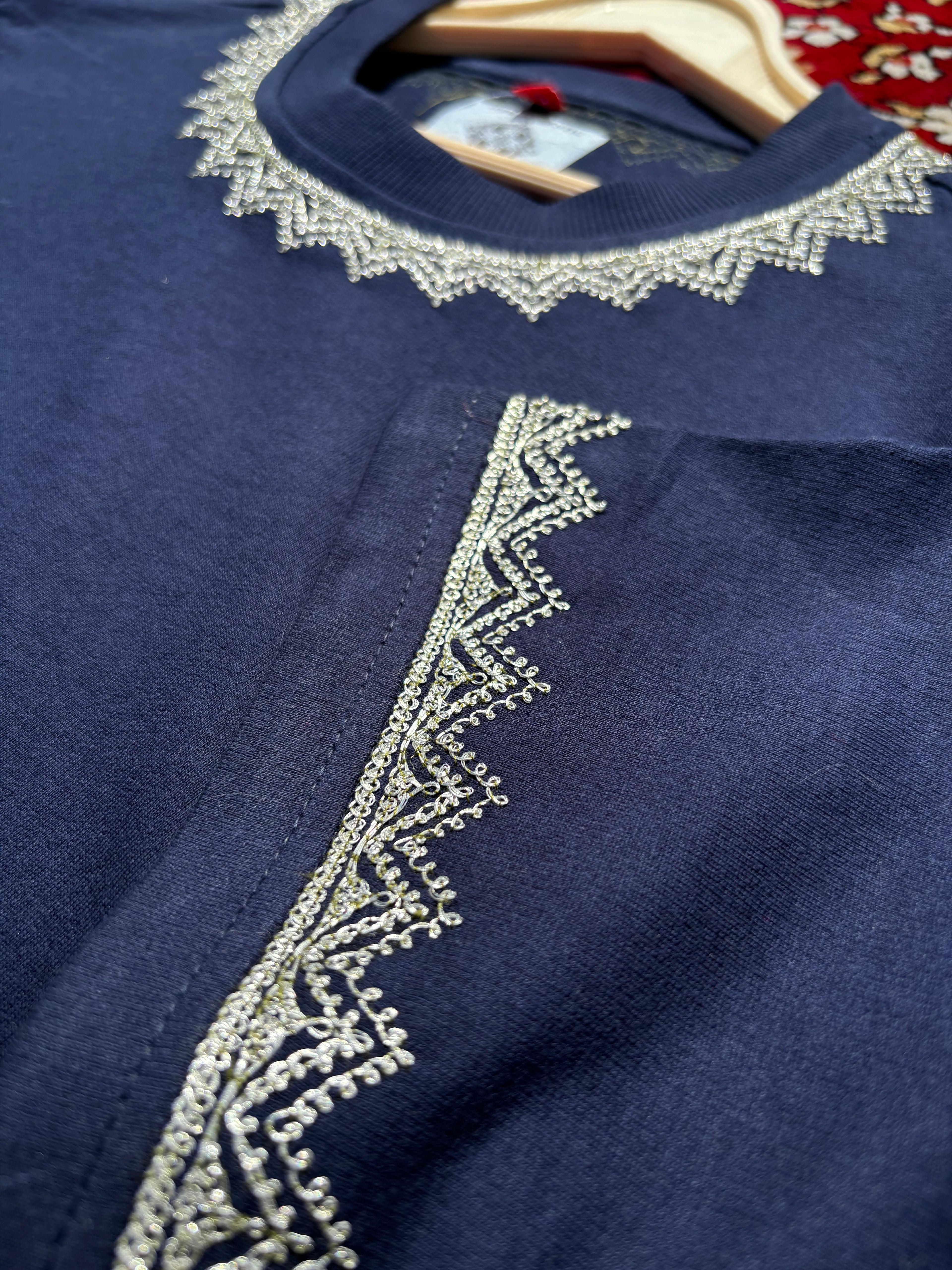 HAND TILLA EXCLUSIVE KASHMIRI NECK AND SLEEVE WORK NAVY BLUR T-SHIRT