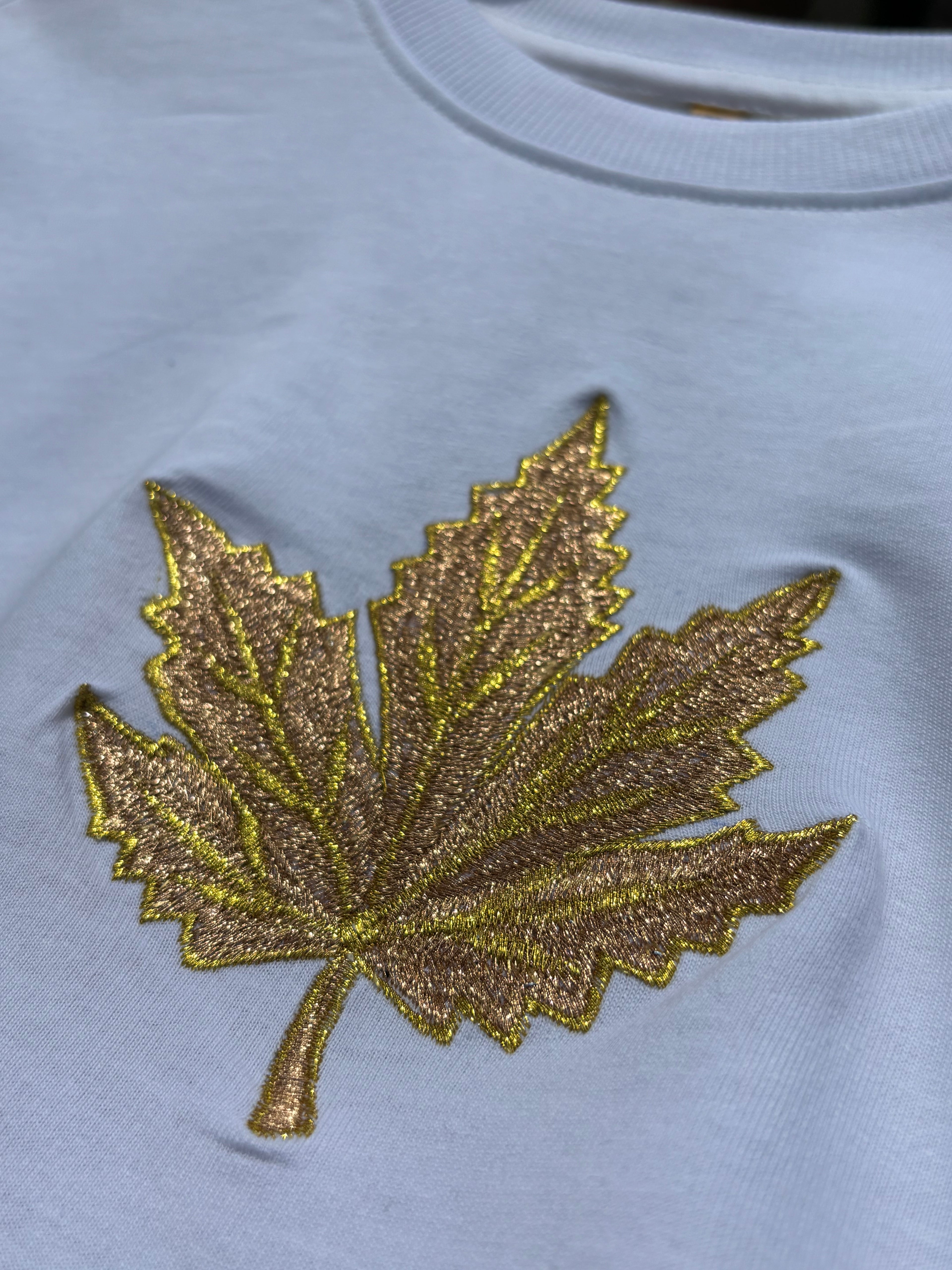 CHINAR LEAF MOTIF EMBROIDERED SKY WHITE T-SHIRT