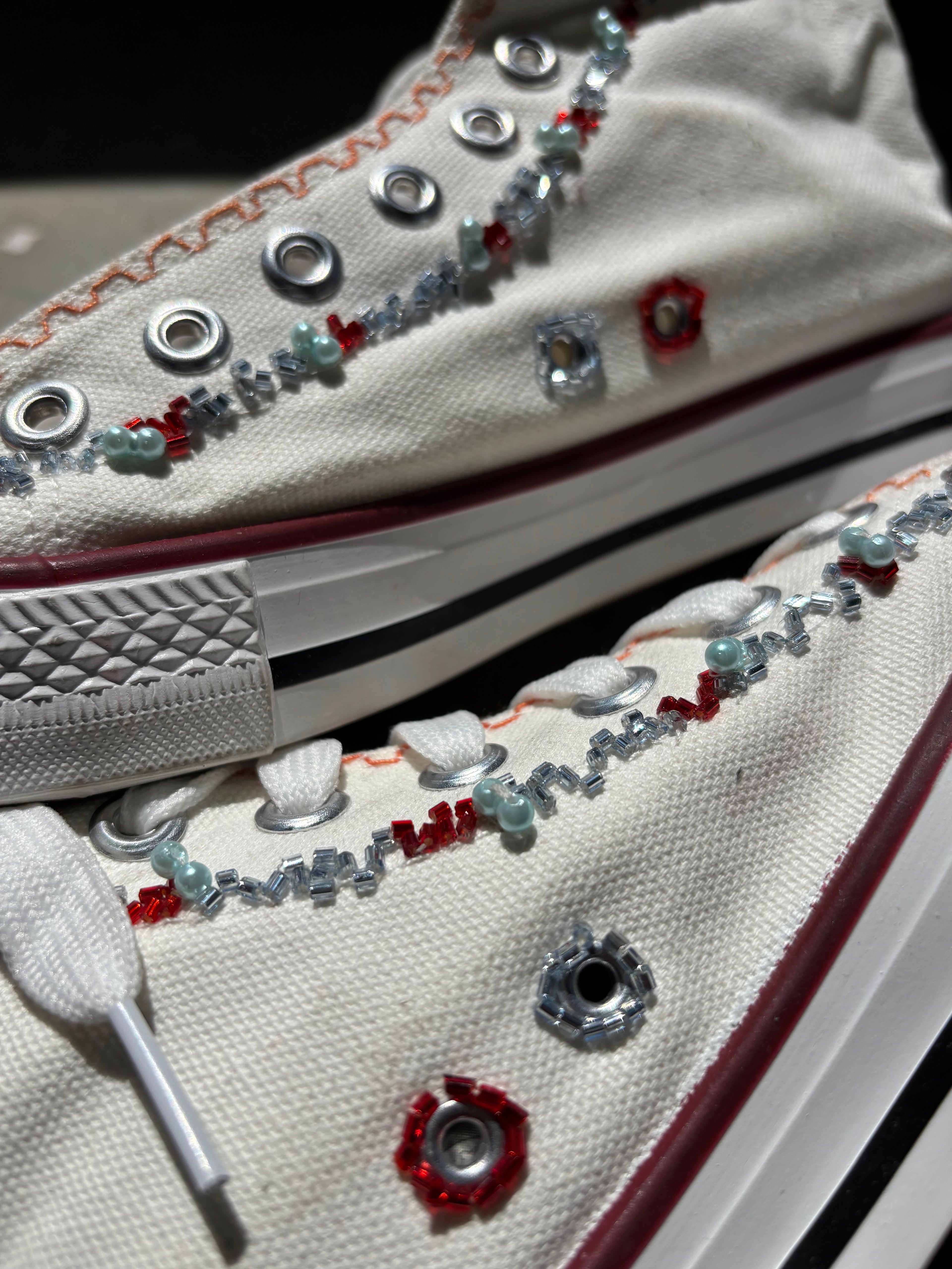 Hand Embroidered Multi Colour Silk and Bead work White Canvas Shoes