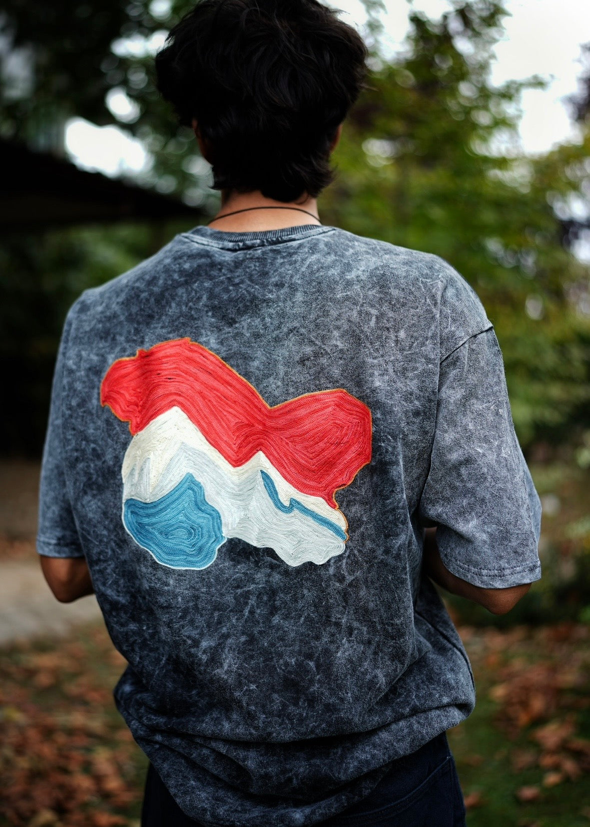 Ari Thread Work Chinar/Kashmir Acid Wash Black T-Shirt