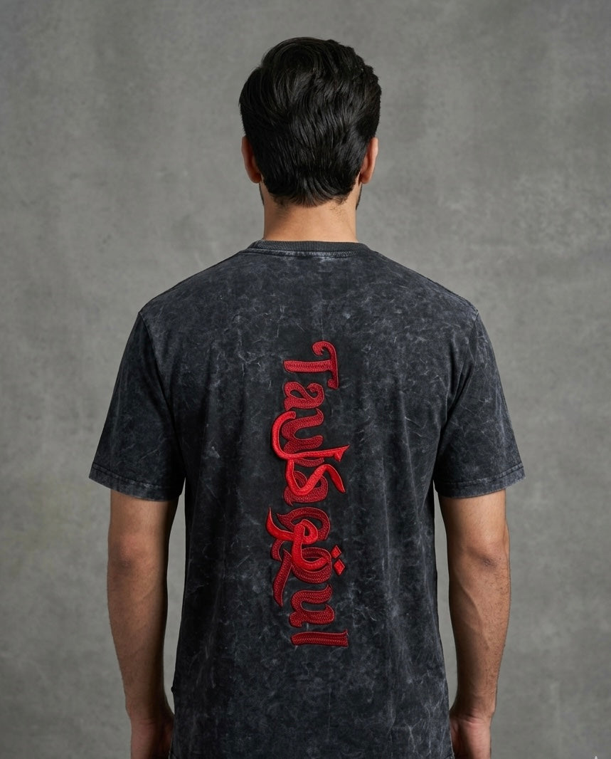 Tawaqqul Red Silk Thread Embroidered Acid Wash Black T-shirt