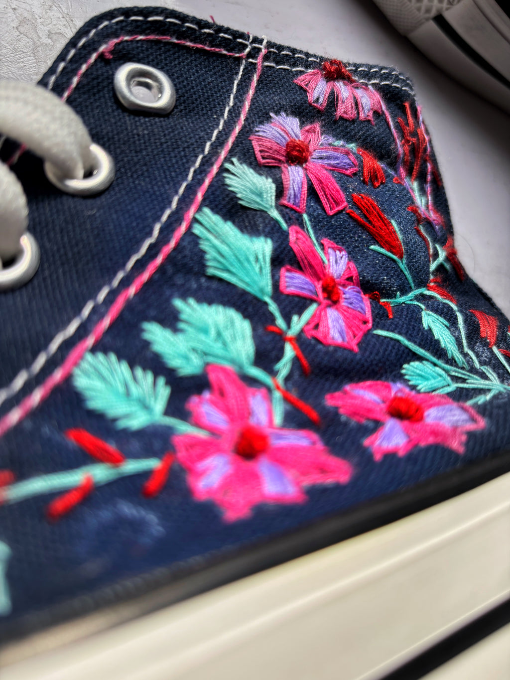 Silk Thread Hand Embroidery Navy Blue Canvas Shoes