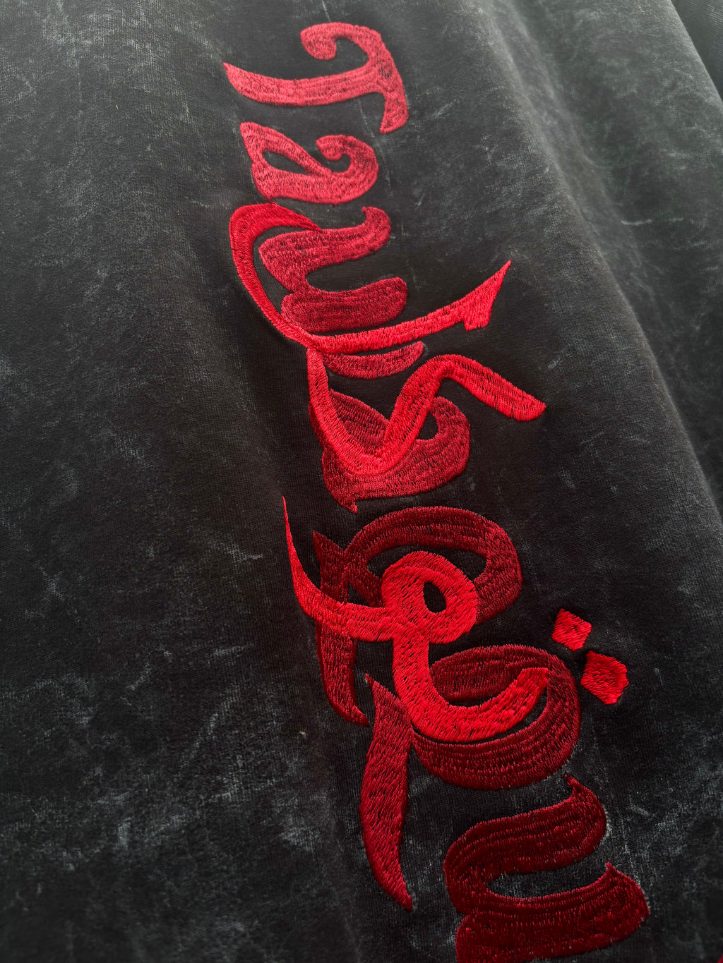 Tawaqqul Red Silk Thread Embroidered Acid Wash Black T-shirt