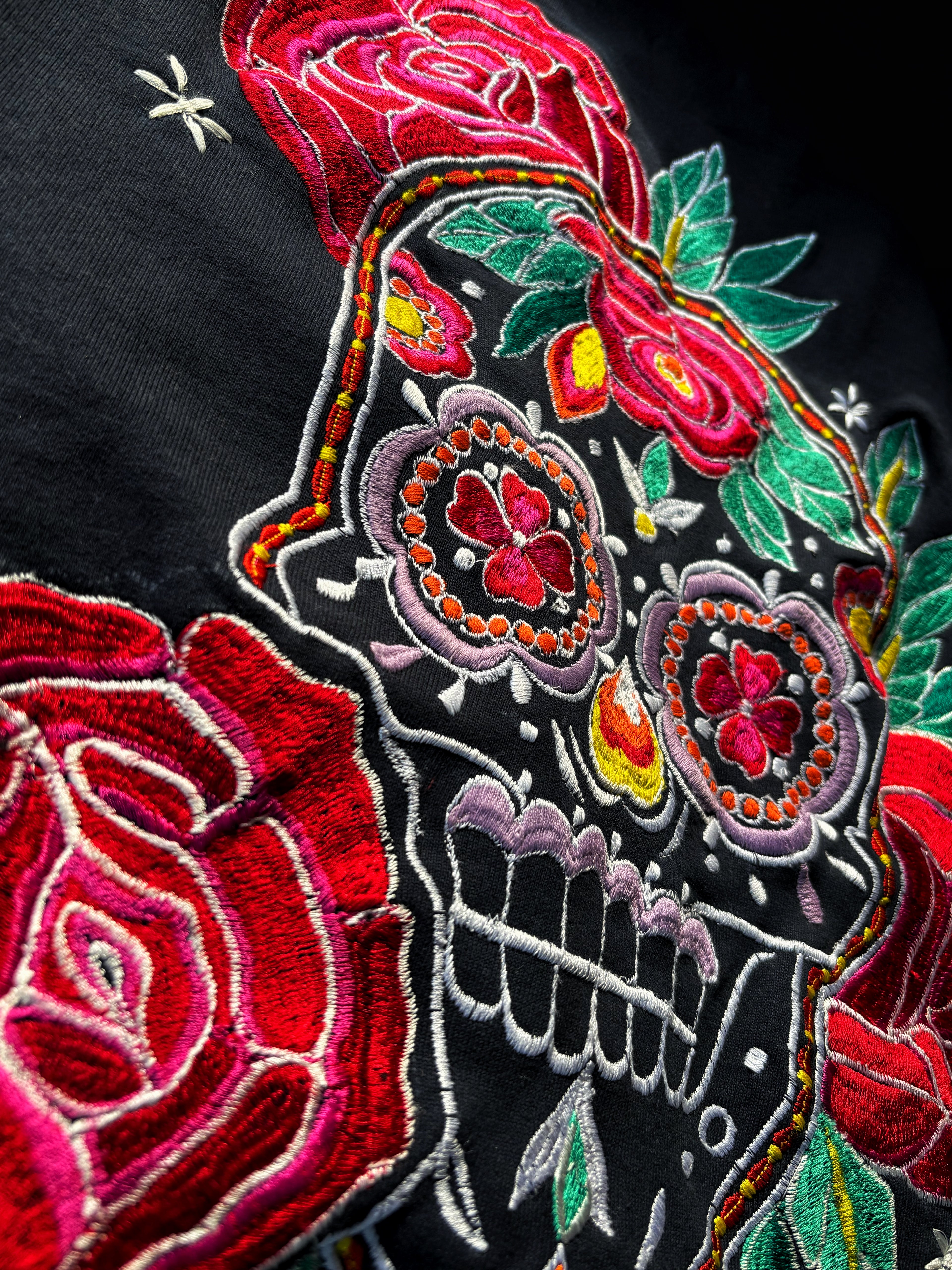 Mexican Day of The Dead Inspired Silk Thread Embroidered Navy Blue Hoodie