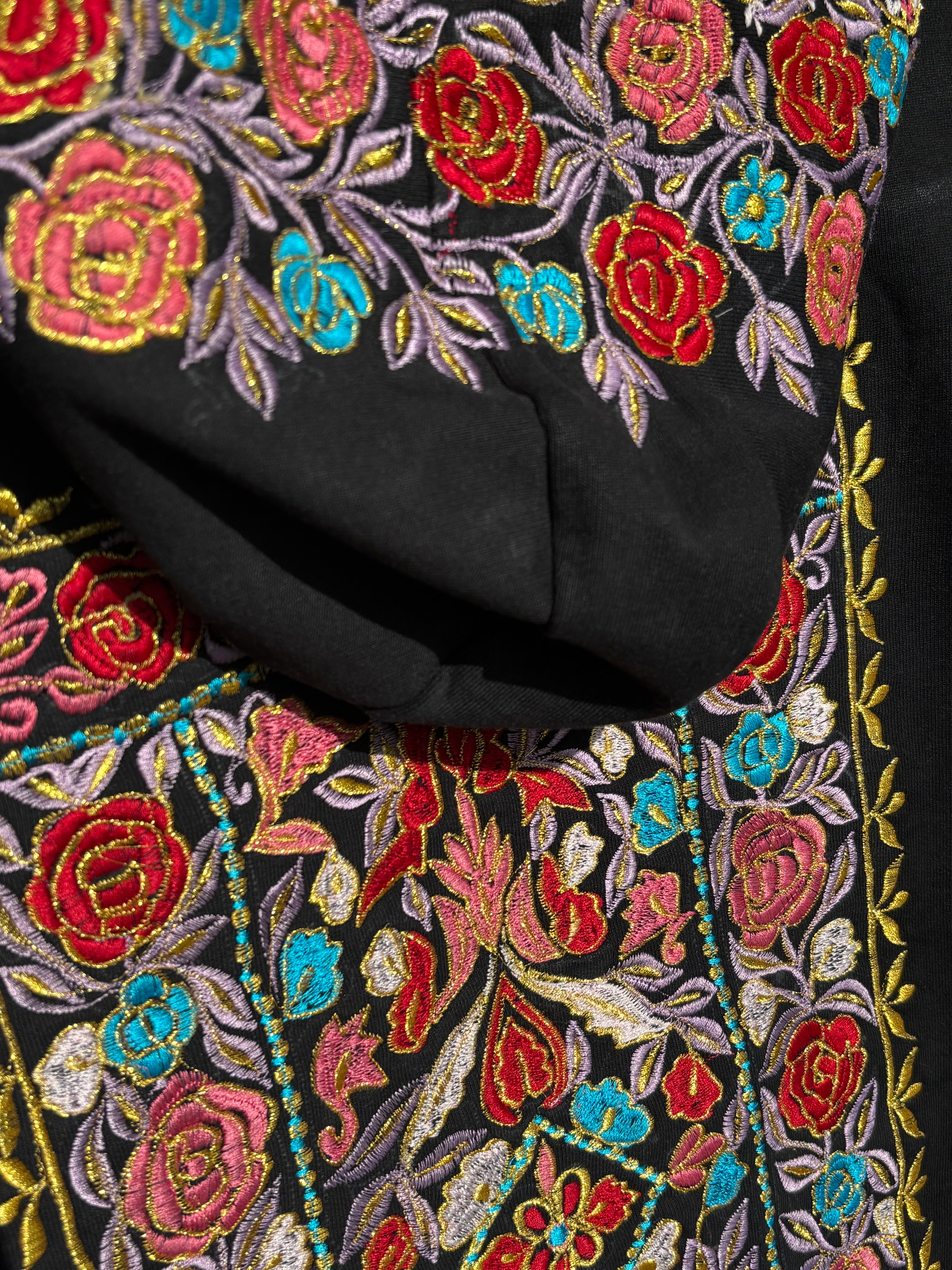 FLORAL PATTERN HOOD AND BACK MULTI COLOUR SILK THREAD EMBROIDERED HOODIE