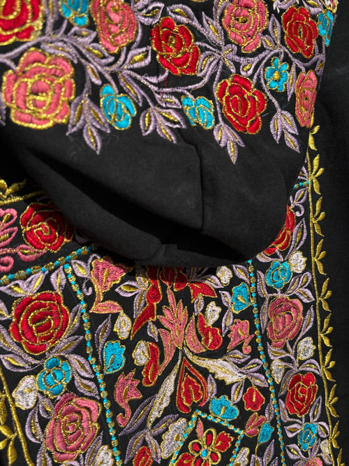 FLORAL PATTERN HOOD AND BACK MULTI COLOUR SILK THREAD EMBROIDERED HOODIE