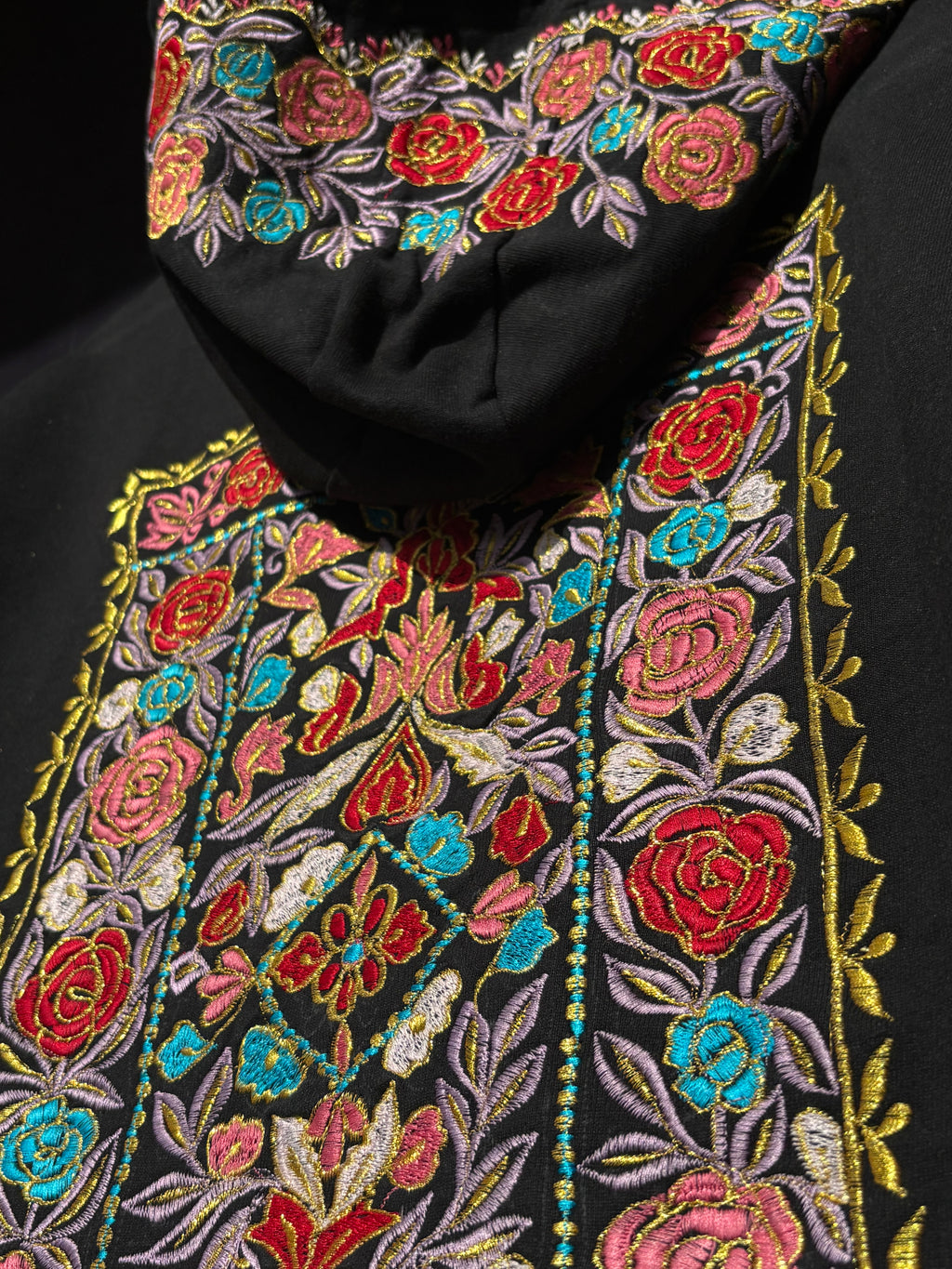 FLORAL PATTERN HOOD AND BACK MULTI COLOUR SILK THREAD EMBROIDERED HOODIE