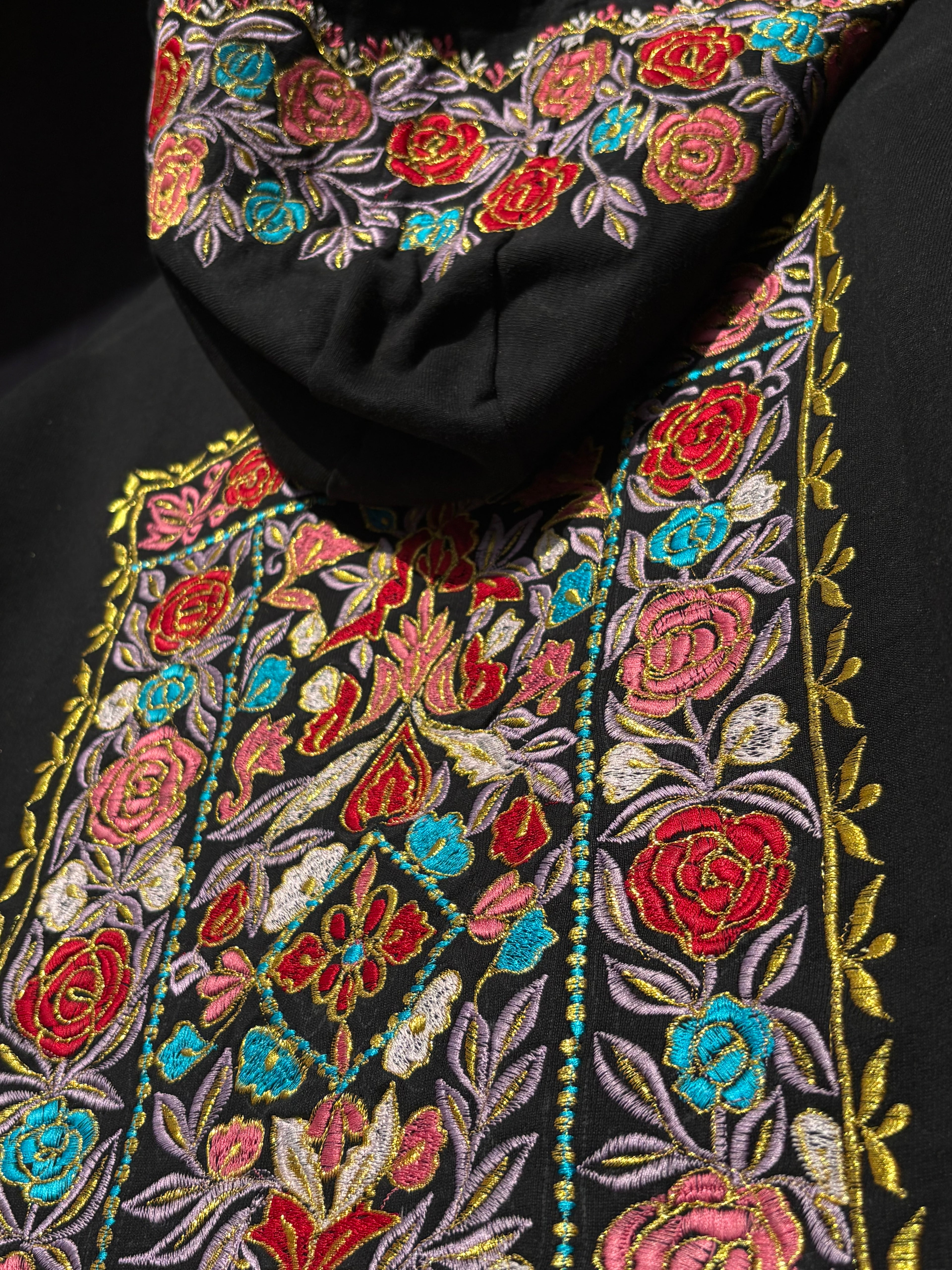 FLORAL PATTERN HOOD AND BACK MULTI COLOUR SILK THREAD EMBROIDERED HOODIE