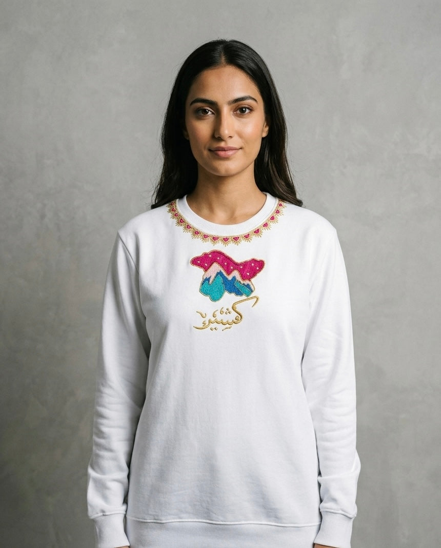 The Kashmir Map Sweat Pink Traditional Pattern On Neck White Sweatshirt