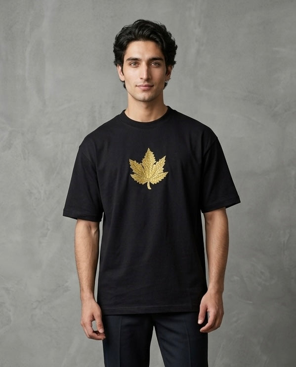 CHINAR LEAF MOTIF EMBROIDERED BLACK T-SHIRT