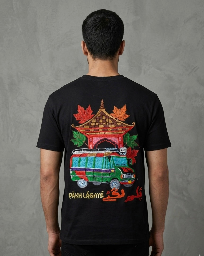 KASHMIRI METADOR TRUCK PAKH LAGAYE RETRO DESIGN EMBROIDERED BLACK T-SHIRT
