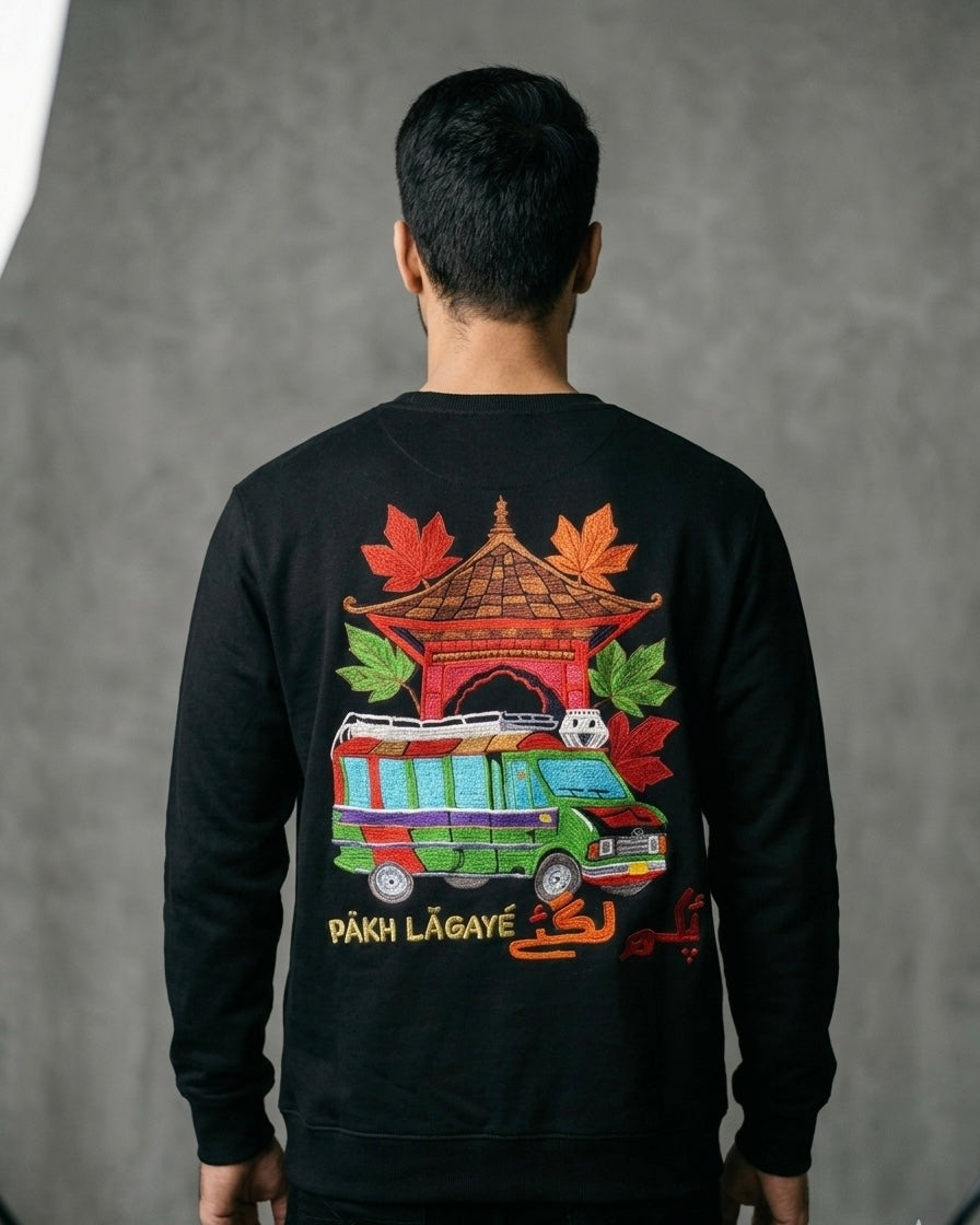 Kashmiri Metador Truck Pakh Lagaye Retro design Embroidered Black Sweatshirt