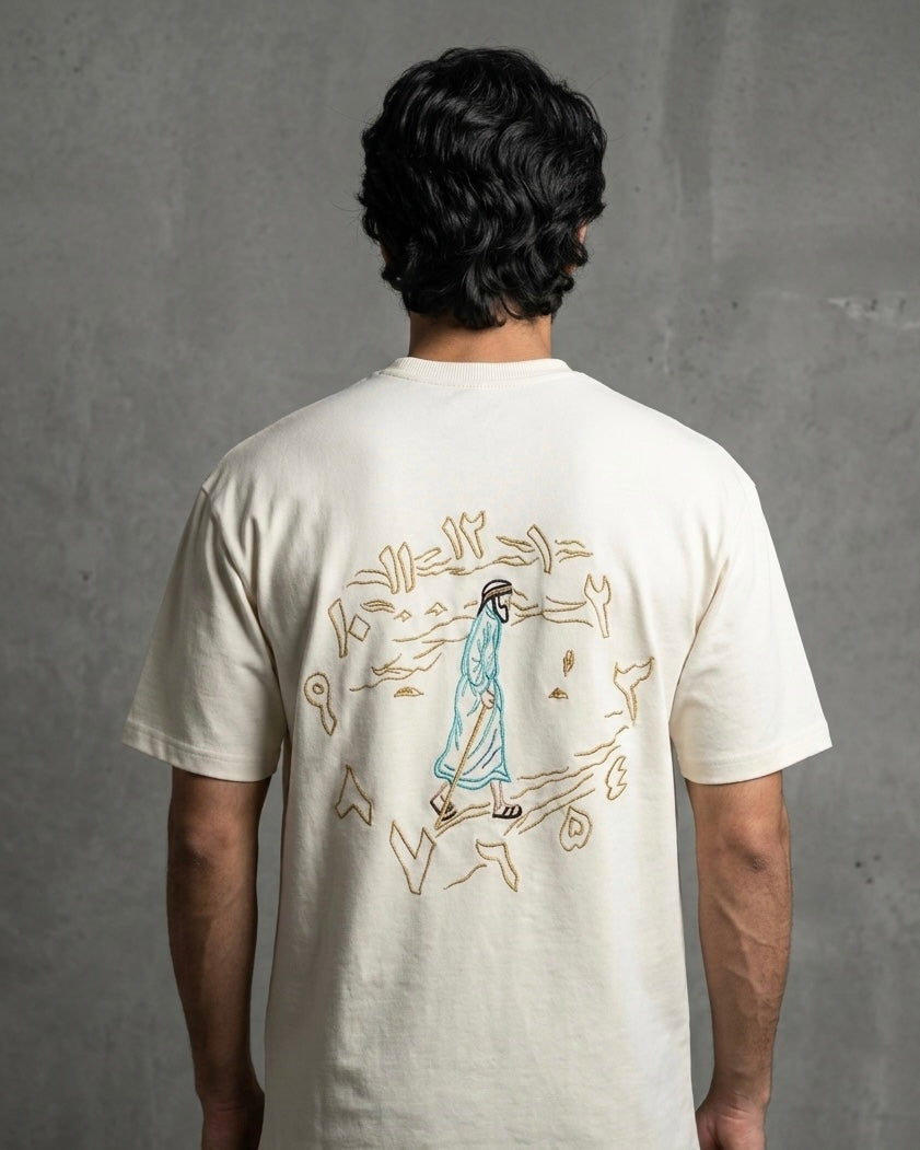 Time Does Not Wait for Anyone Arabic Quote Inspired Embroidered Off-White T-shirt