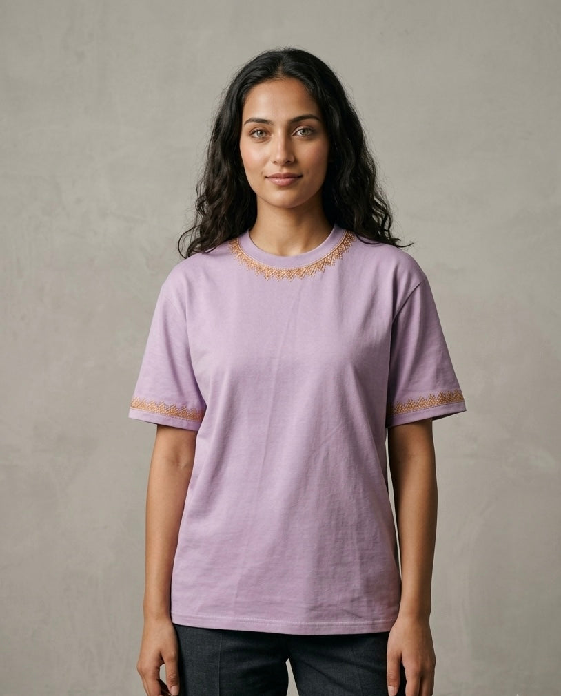 HAND TILLA EXCLUSIVE KASHMIRI NECK AND SLEEVE WORK Lavender T-SHIRT