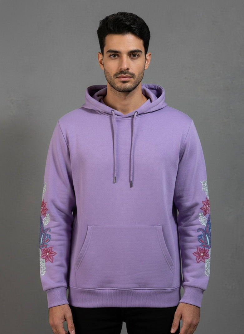 Floral Pattern Silk Thread Embroidery Lavender Hooddie