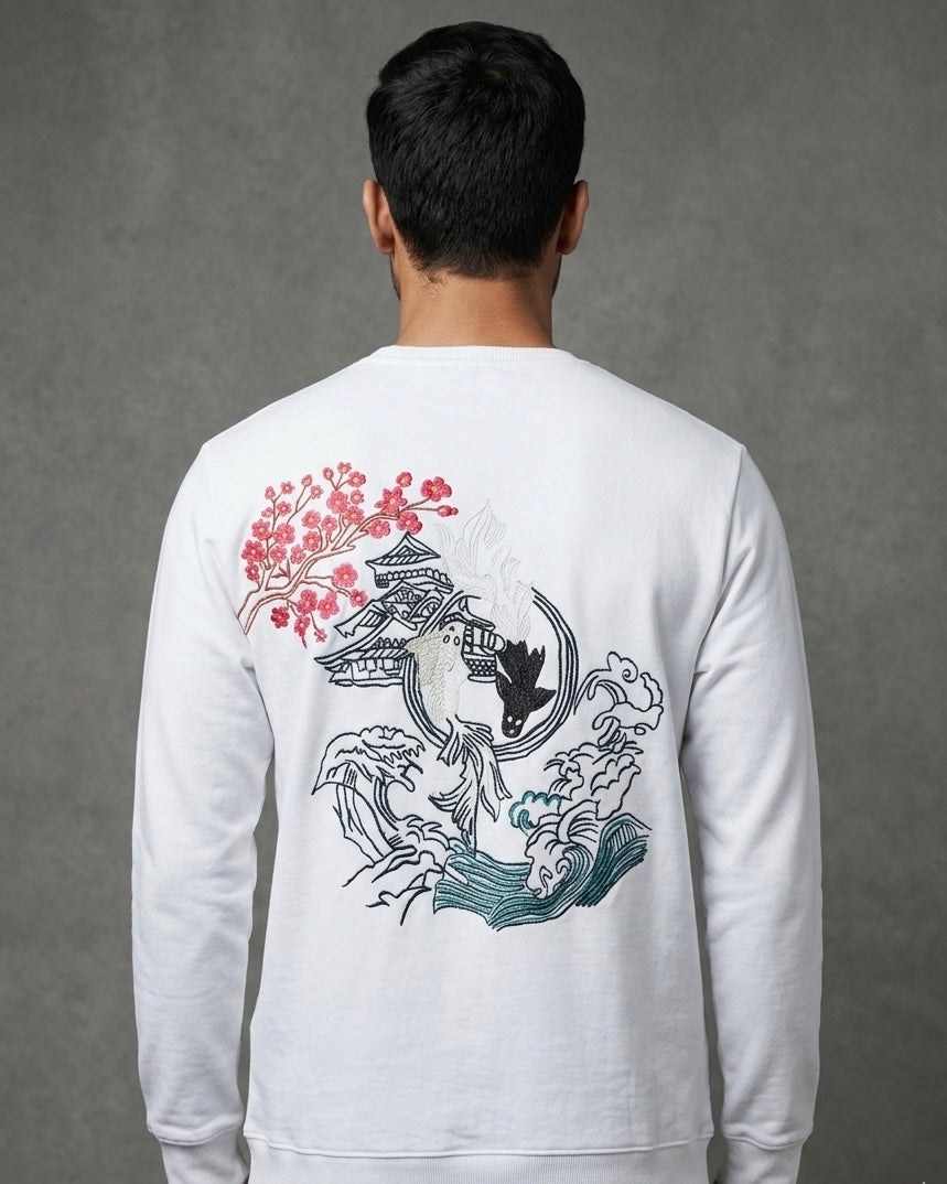 Japanese Street Tradition Inspired Silk Thread Embroidered White Sweatshirt