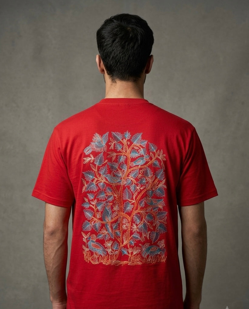 Tree of Life Shadow Embroidery Red T-shirt