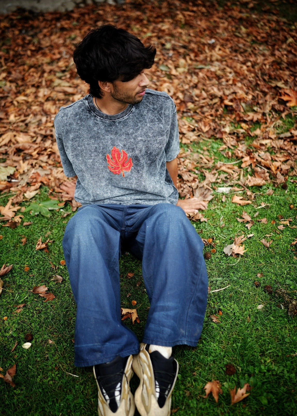 Ari Thread Work Chinar/Kashmir Acid Wash Black T-Shirt