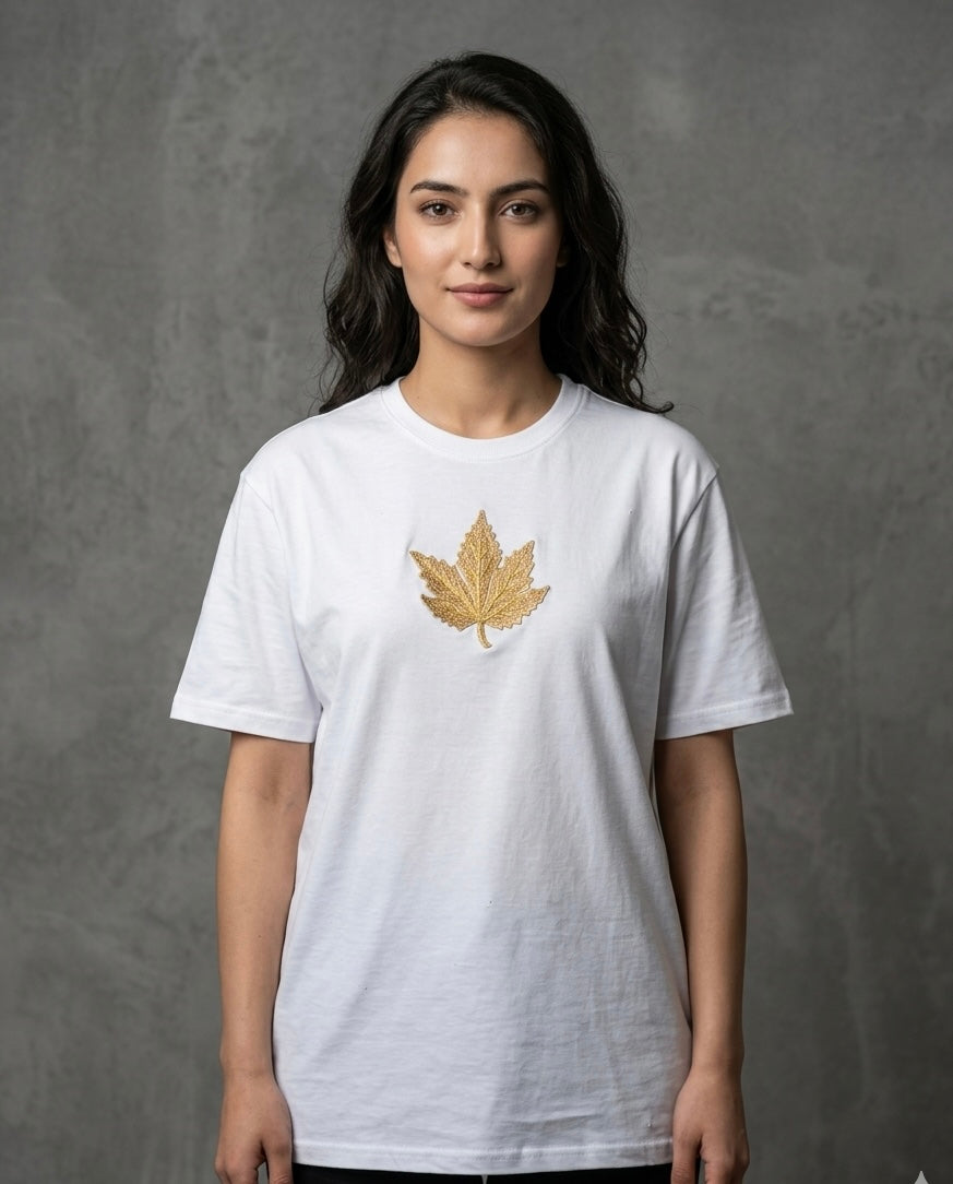 CHINAR LEAF MOTIF EMBROIDERED SKY WHITE T-SHIRT