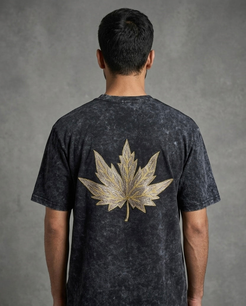 CHINAR LEAF MOTIF EMBROIDERED ACID WASH BLACK T-SHIRT