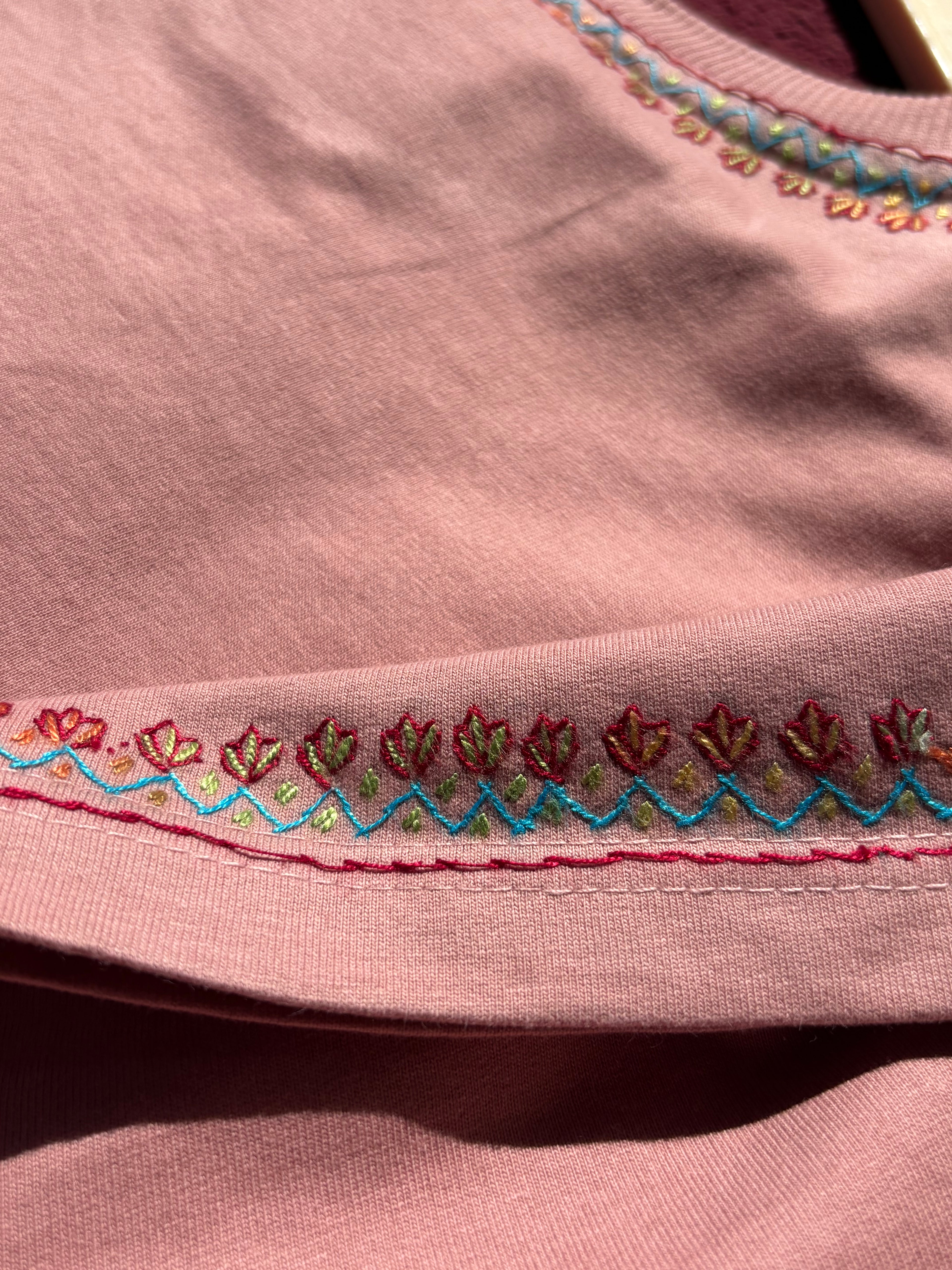 Hand Sonzi Exclusive Traditional Pattern Embroidered Noon Chai Pink T-shirt