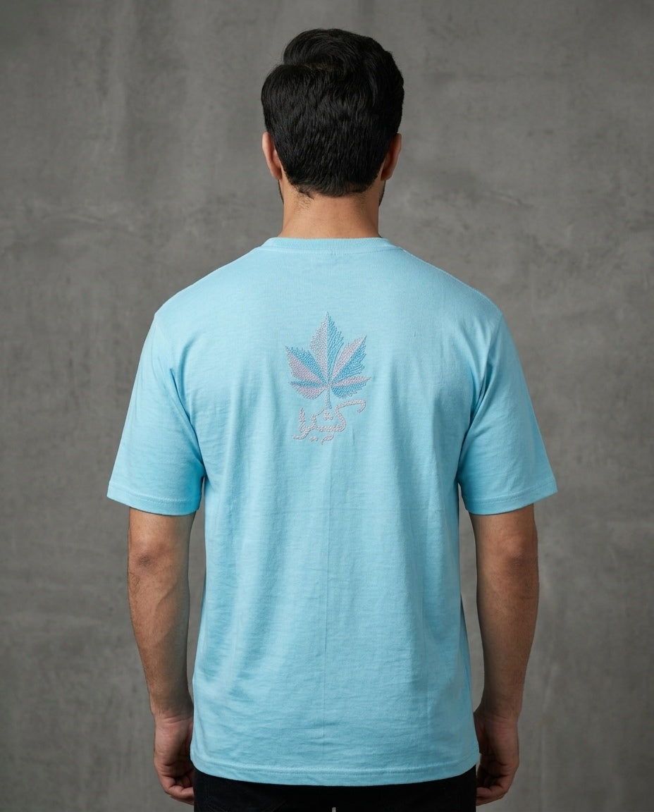 Paisley Pattern Chinar Leaf Shadow Embroidery Blue T-shirt