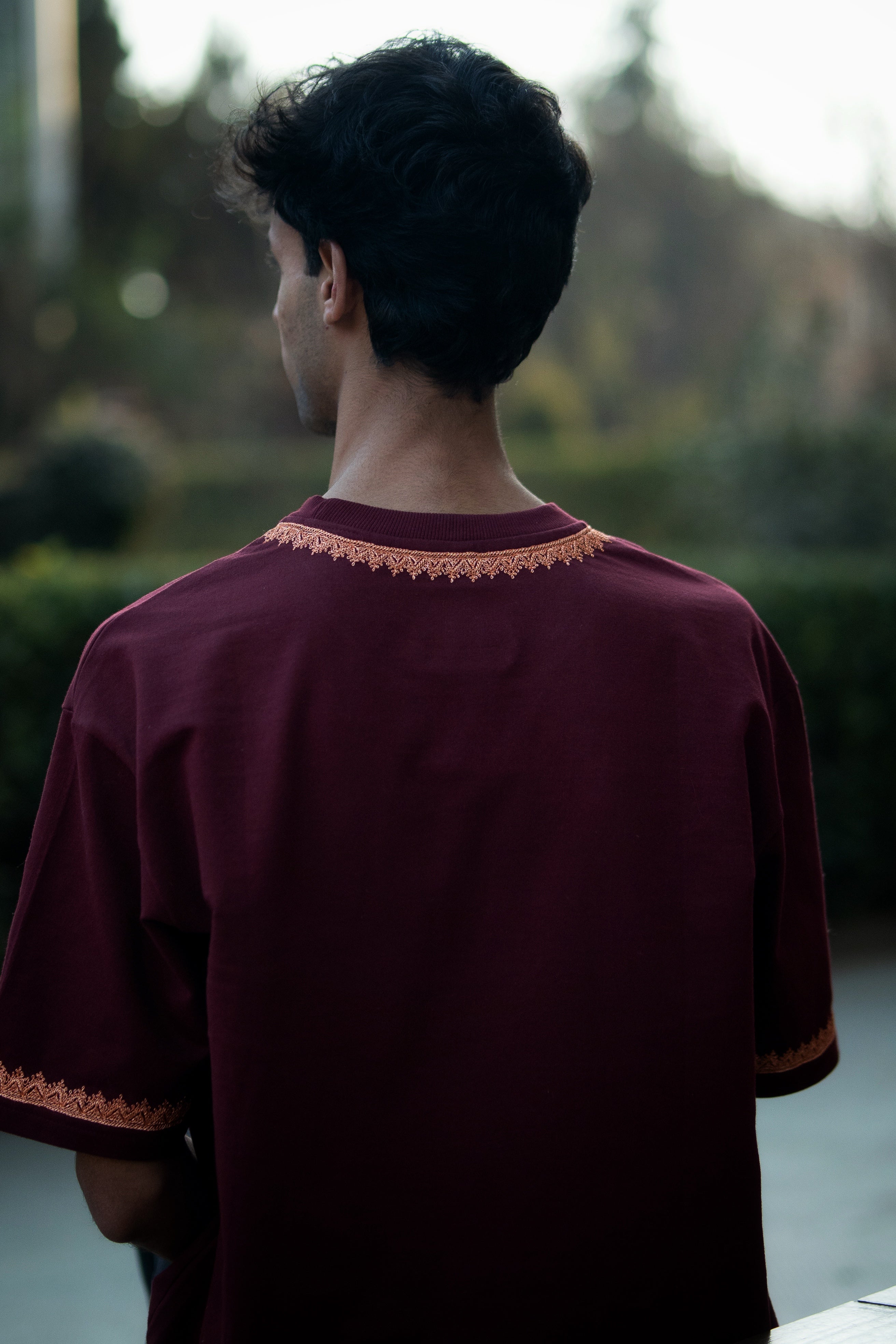 Hand Tilla Exclusive Kashmiri Neck and Sleeve work Maroon T-shirt