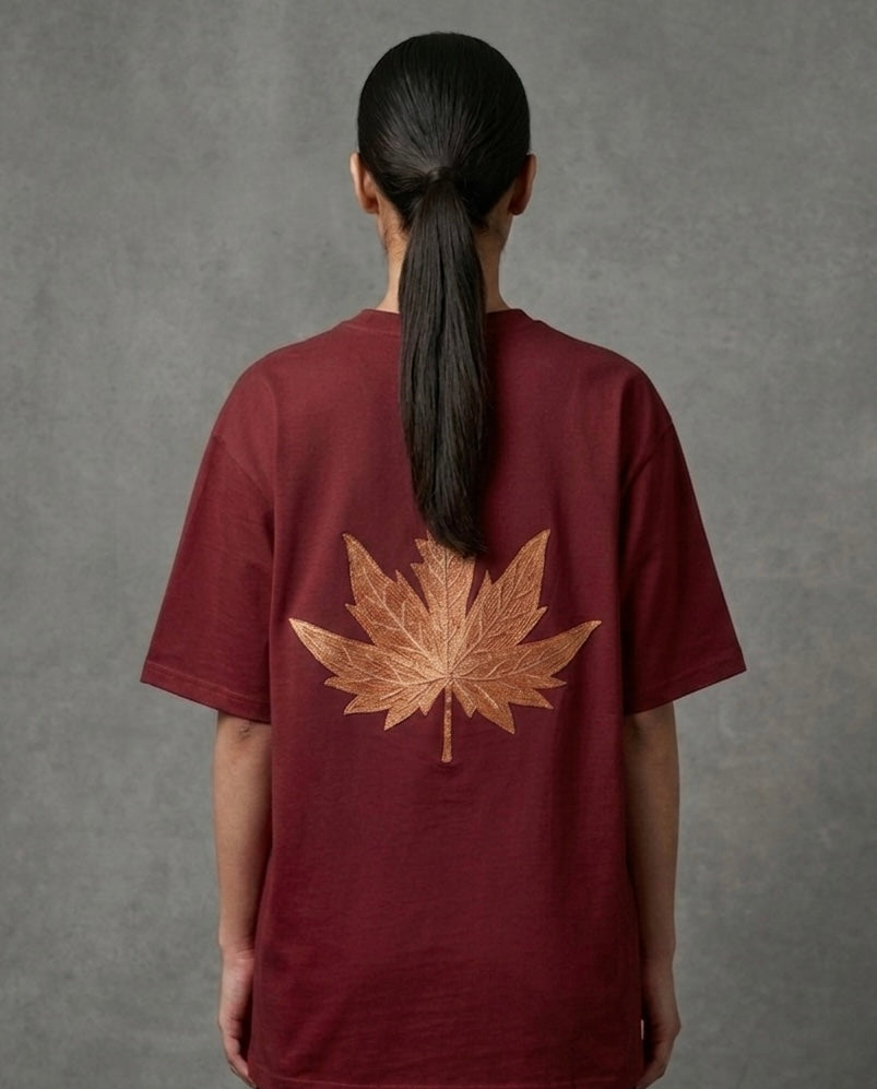 Kashmir Map Chinar Leaf Embroidered Motif Maroon T-shirt
