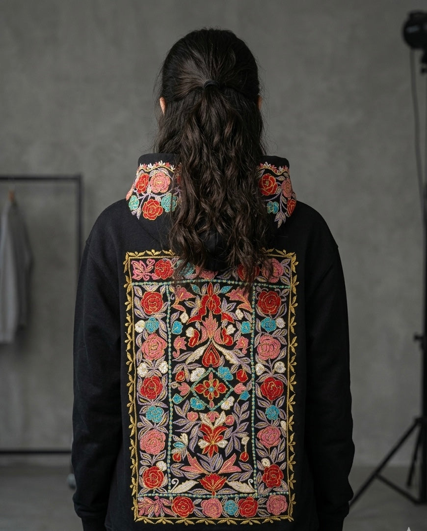 FLORAL PATTERN HOOD AND BACK MULTI COLOUR SILK THREAD EMBROIDERED HOODIE