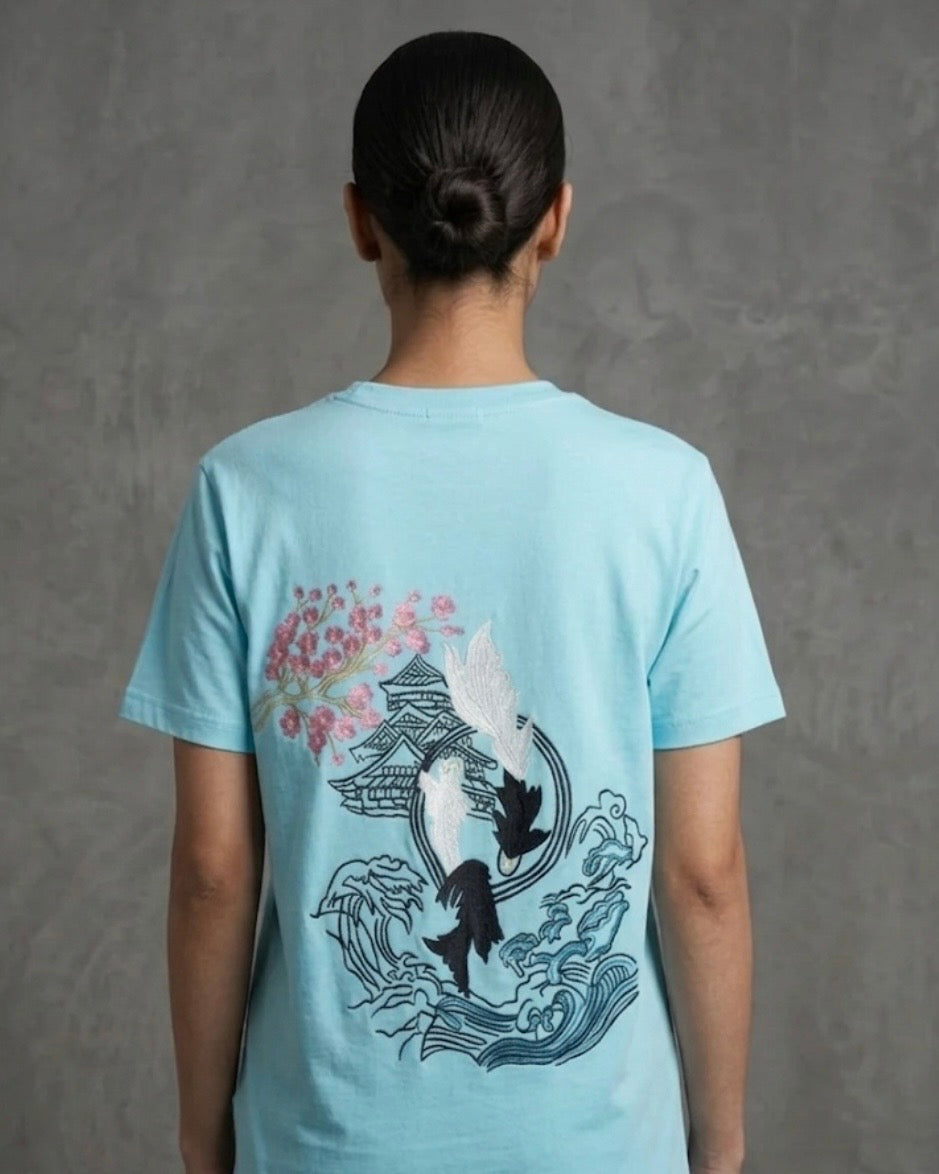 Japanese Street Tradition Inspired Silk Thread Embroidered Sky Blue T-shirt